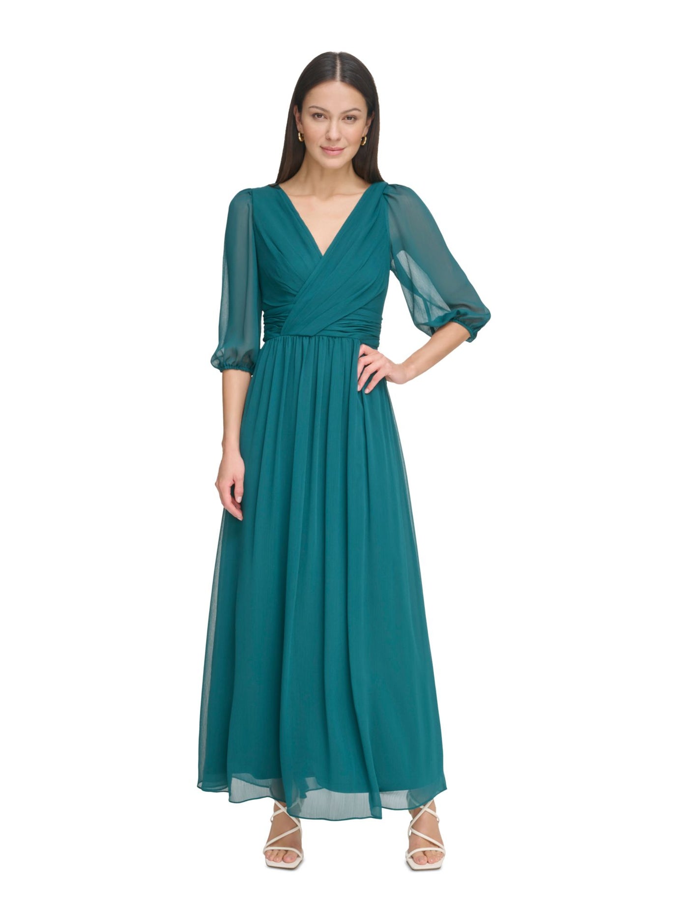 DKNY Womens Green Pleated Zippered V-back Ruched Waist Lined Balloon Sleeve Surplice Neckline Maxi Evening Fit + Flare Dress 8