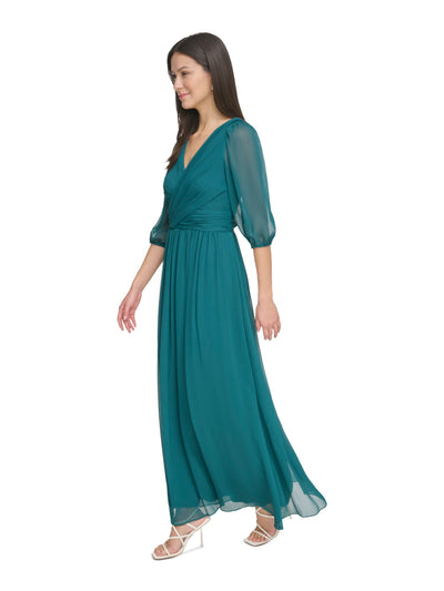 DKNY Womens Green Pleated Zippered V-back Ruched Waist Lined Balloon Sleeve Surplice Neckline Maxi Evening Fit + Flare Dress 8