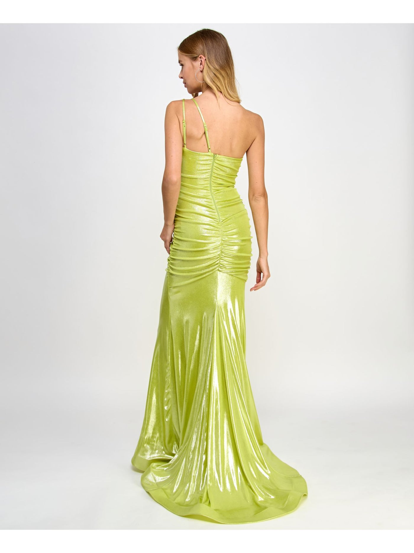 B DARLIN Womens Green Metallic Zippered Lined Ruched Adjustable Padded Sleeveless Asymmetrical Neckline Full-Length Formal Gown Dress Juniors 15\16
