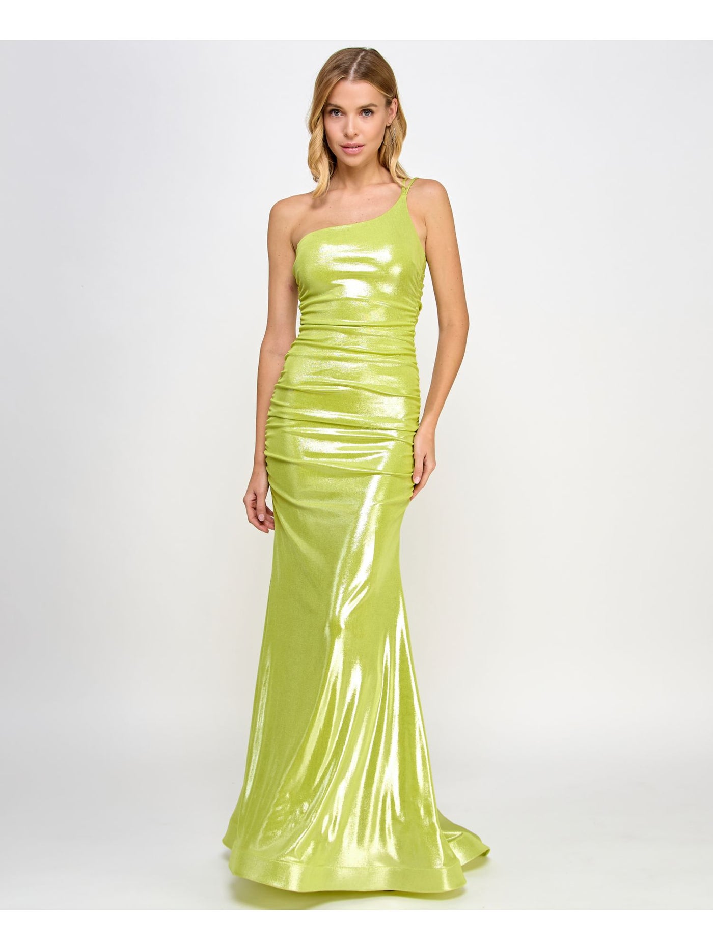 B DARLIN Womens Green Metallic Zippered Lined Ruched Adjustable Padded Sleeveless Asymmetrical Neckline Full-Length Formal Gown Dress Juniors 15\16