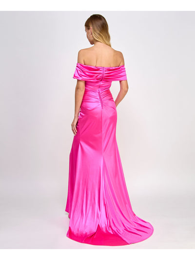 B DARLIN Womens Pink Ruched Zippered Notched Neckline Slitted Short Sleeve Off Shoulder Full-Length Formal Gown Dress Juniors 1\2