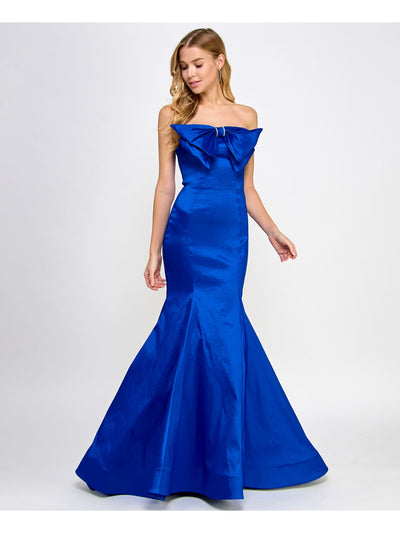 B DARLIN Womens Blue Zippered Lined Bow Accent Sleeveless Strapless Full-Length Formal Mermaid Dress Juniors 5\6