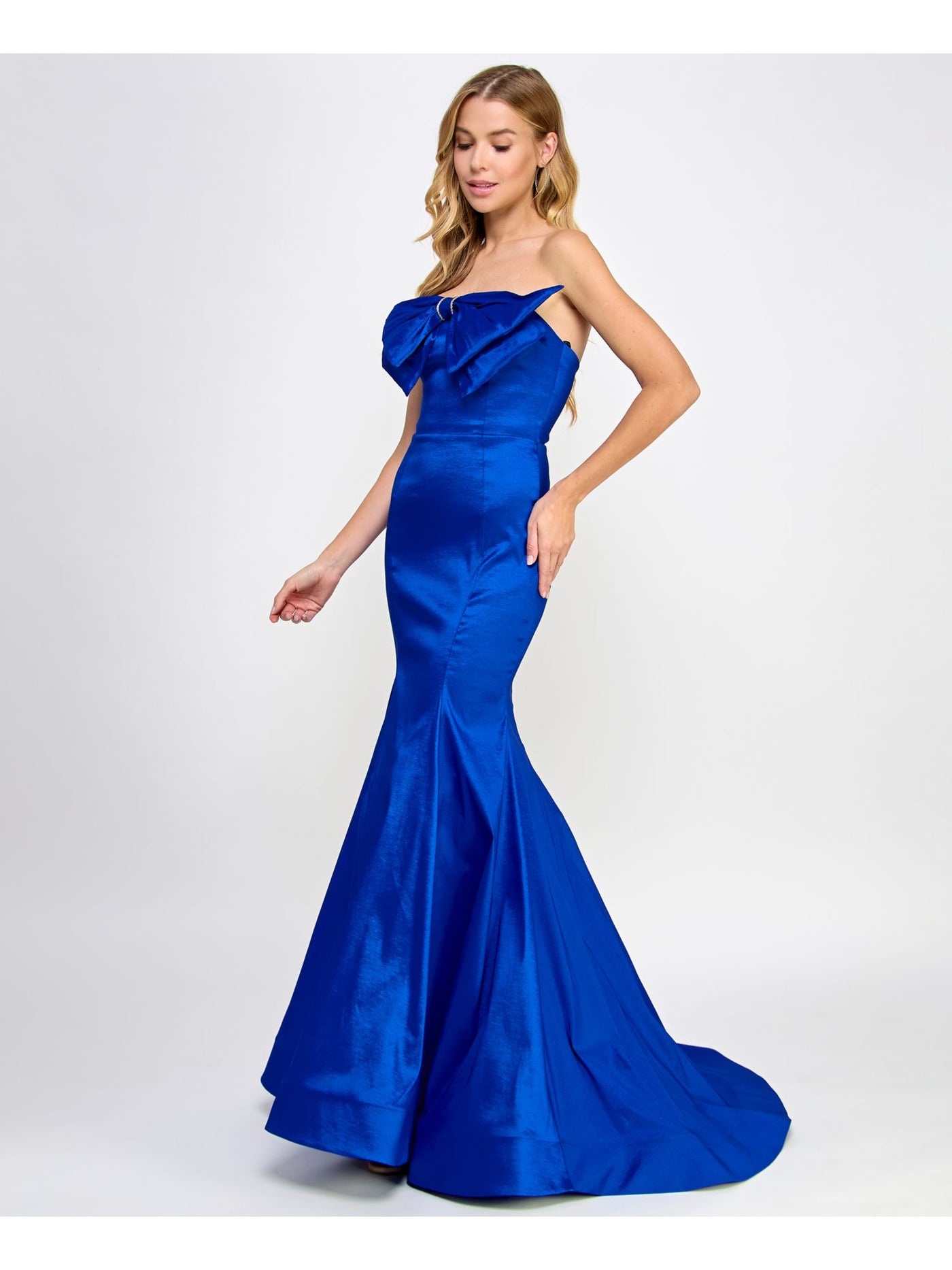 B DARLIN Womens Blue Zippered Lined Bow Accent Sleeveless Strapless Full-Length Formal Mermaid Dress Juniors 7\8