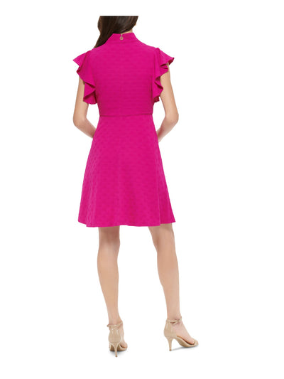 TOMMY HILFIGER Womens Pink Embroidered Zippered Flutter Sleeve Mock Neck Short Party Fit + Flare Dress 12