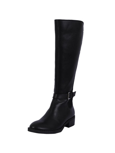 GENTLE SOULS KENNETH COLE Womens Black Mixed Media Ribbed Stretch Pannel Ankle Strap Buckle Accent Brinley Round Toe Block Heel Zip-Up Riding Boot 6 M