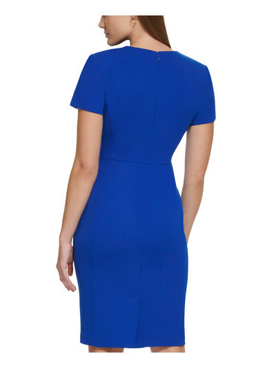 CALVIN KLEIN Womens Blue Zippered Button Trim Split Back Hem Short Sleeve Surplice Neckline Above The Knee Wear To Work Sheath Dress 14