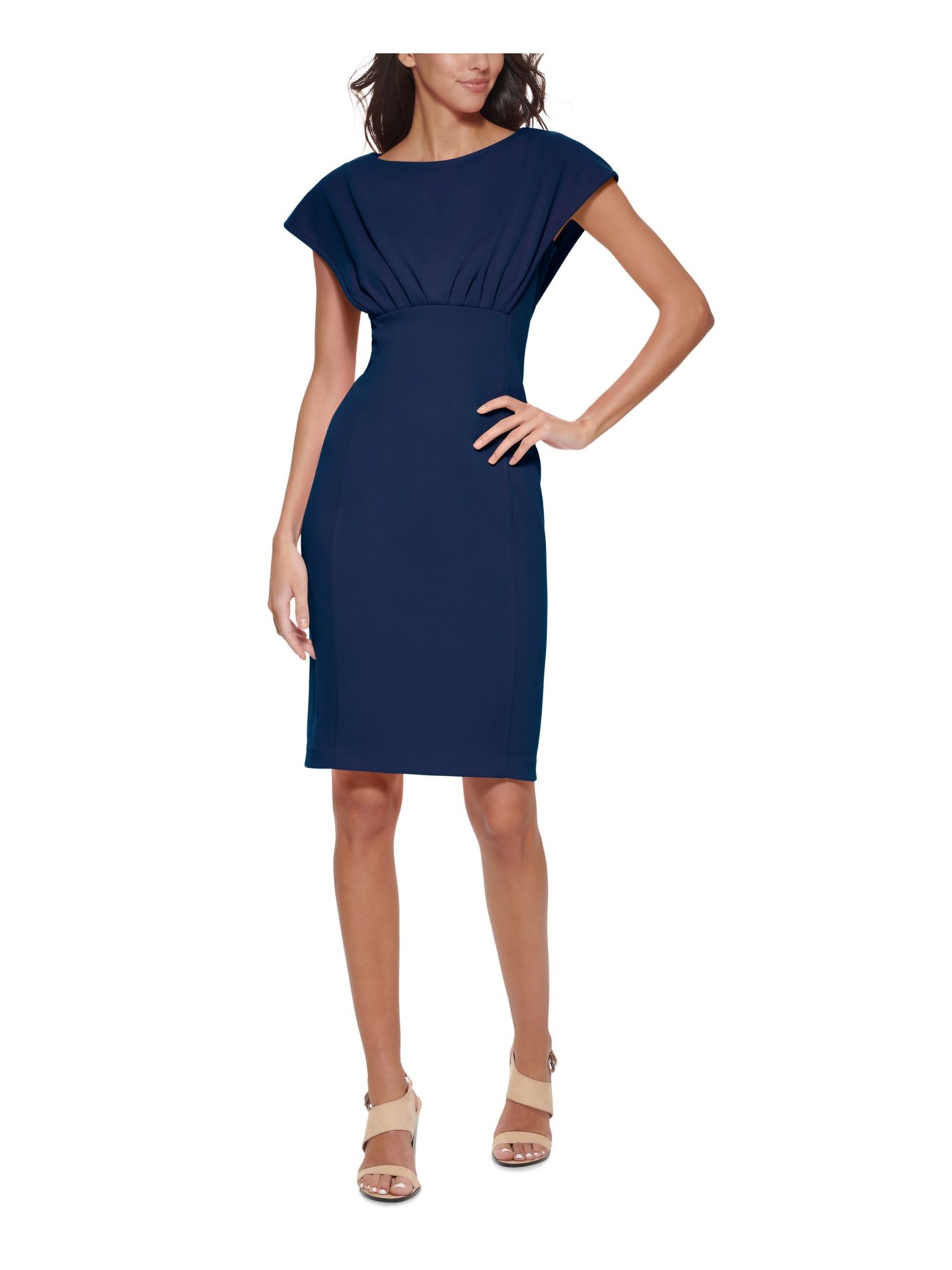 CALVIN KLEIN Womens Navy Zippered Pleated Unlined Cap Sleeve Boat Neck Above The Knee Wear To Work Sheath Dress Petites 10P