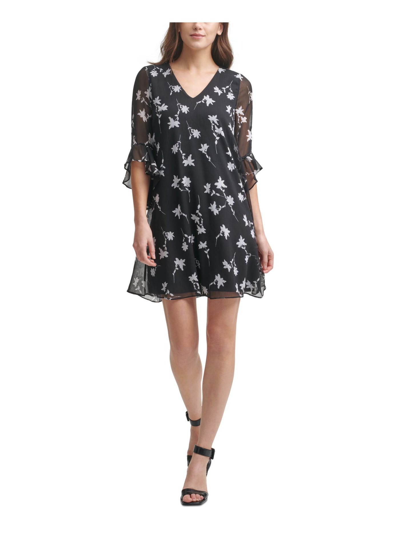 CALVIN KLEIN Womens Black Lined Keyhole Floral Bell Sleeve V Neck Short Shift Dress 2