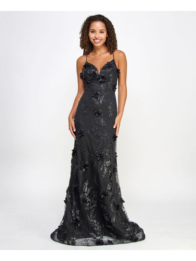 SAY YES TO THE PROM Womens Black Sequined Zippered Floral Accent Glitter Lace Up Op Spaghetti Strap V Neck Full-Length Formal Gown Dress Juniors 3\4