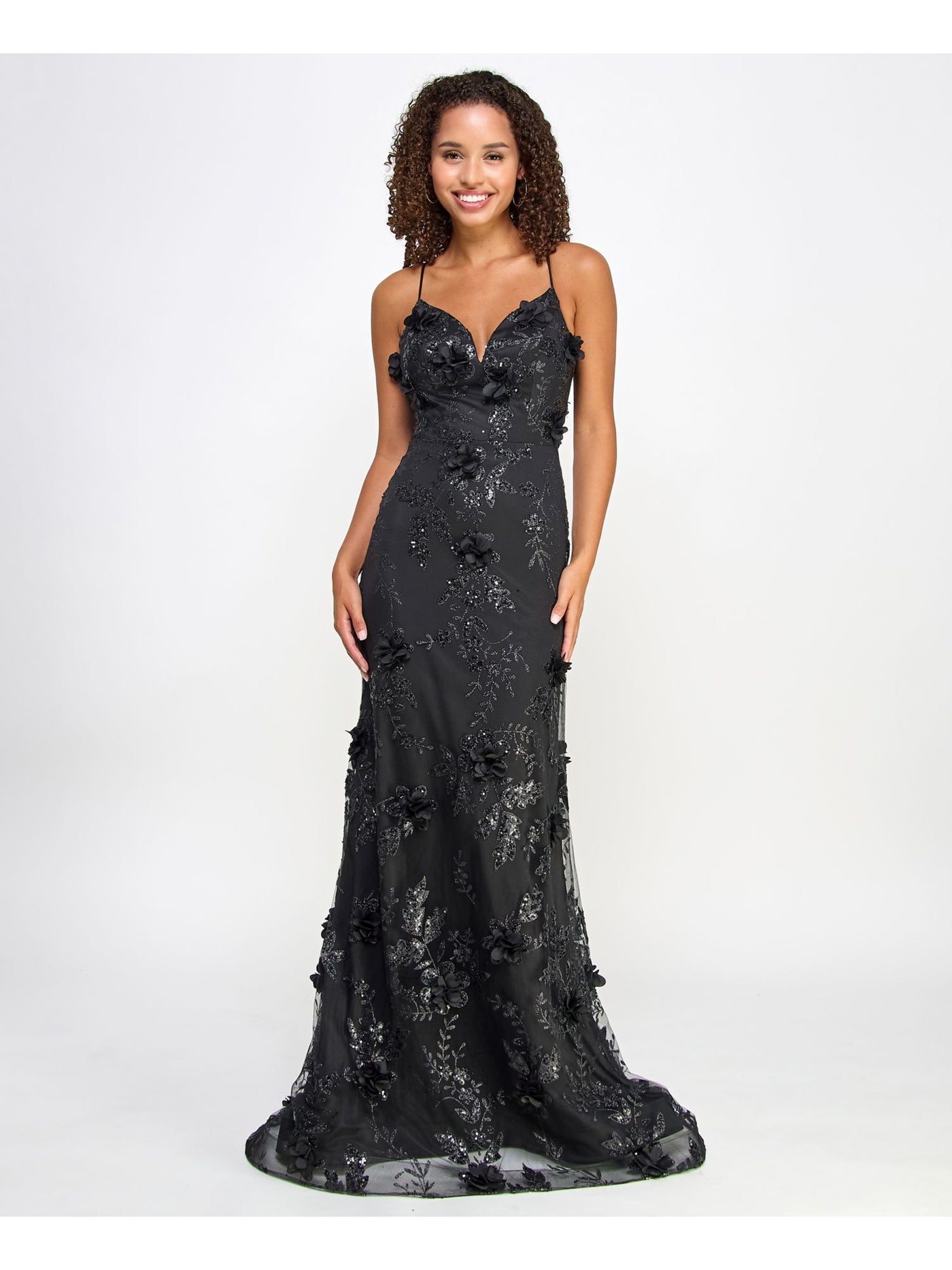 SAY YES TO THE PROM Womens Black Sequined Zippered Floral Accent Glitter Lace Up Op Spaghetti Strap V Neck Full-Length Formal Gown Dress Juniors 7\8