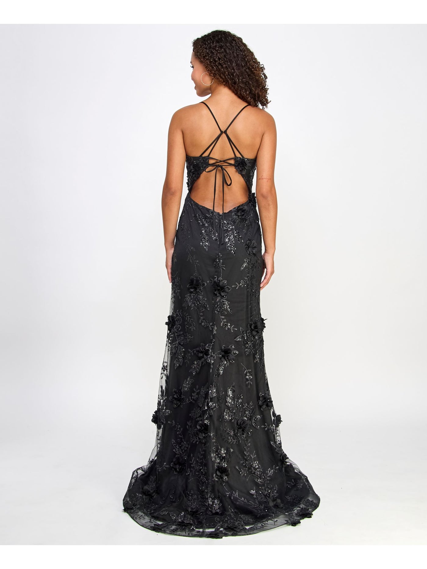 SAY YES TO THE PROM Womens Black Sequined Zippered Floral Accent Glitter Lace Up Op Spaghetti Strap V Neck Full-Length Formal Gown Dress Juniors 5\6