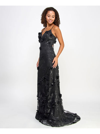 SAY YES TO THE PROM Womens Sequined Spaghetti Strap V Neck Full-Length Formal Gown Dress