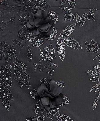 SAY YES TO THE PROM Womens Black Sequined Zippered Floral Accent Glitter Lace Up Op Spaghetti Strap V Neck Full-Length Formal Gown Dress