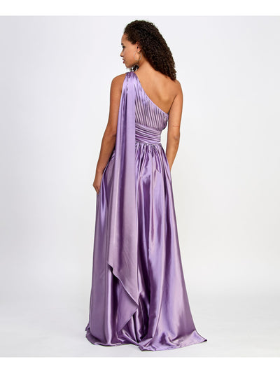 SPEECHLESS Womens Purple Pleated Zippered Cascading Sweep Hi-slit Lined Sleeveless Asymmetrical Neckline Full-Length Prom Gown Dress Juniors 0