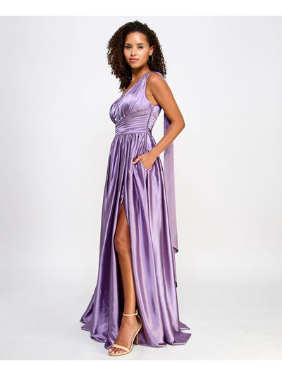 SPEECHLESS Womens Purple Pleated Zippered Cascading Sweep Hi-slit Lined Sleeveless Asymmetrical Neckline Full-Length Prom Gown Dress Juniors 0