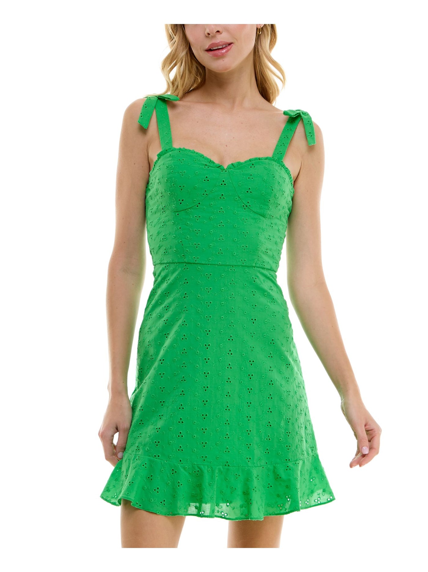 BCX DRESS Womens Green Zippered Ruffled Smocked Back Bow Accents Lined Sleeveless Sweetheart Neckline Mini Party Fit + Flare Dress Juniors XXS