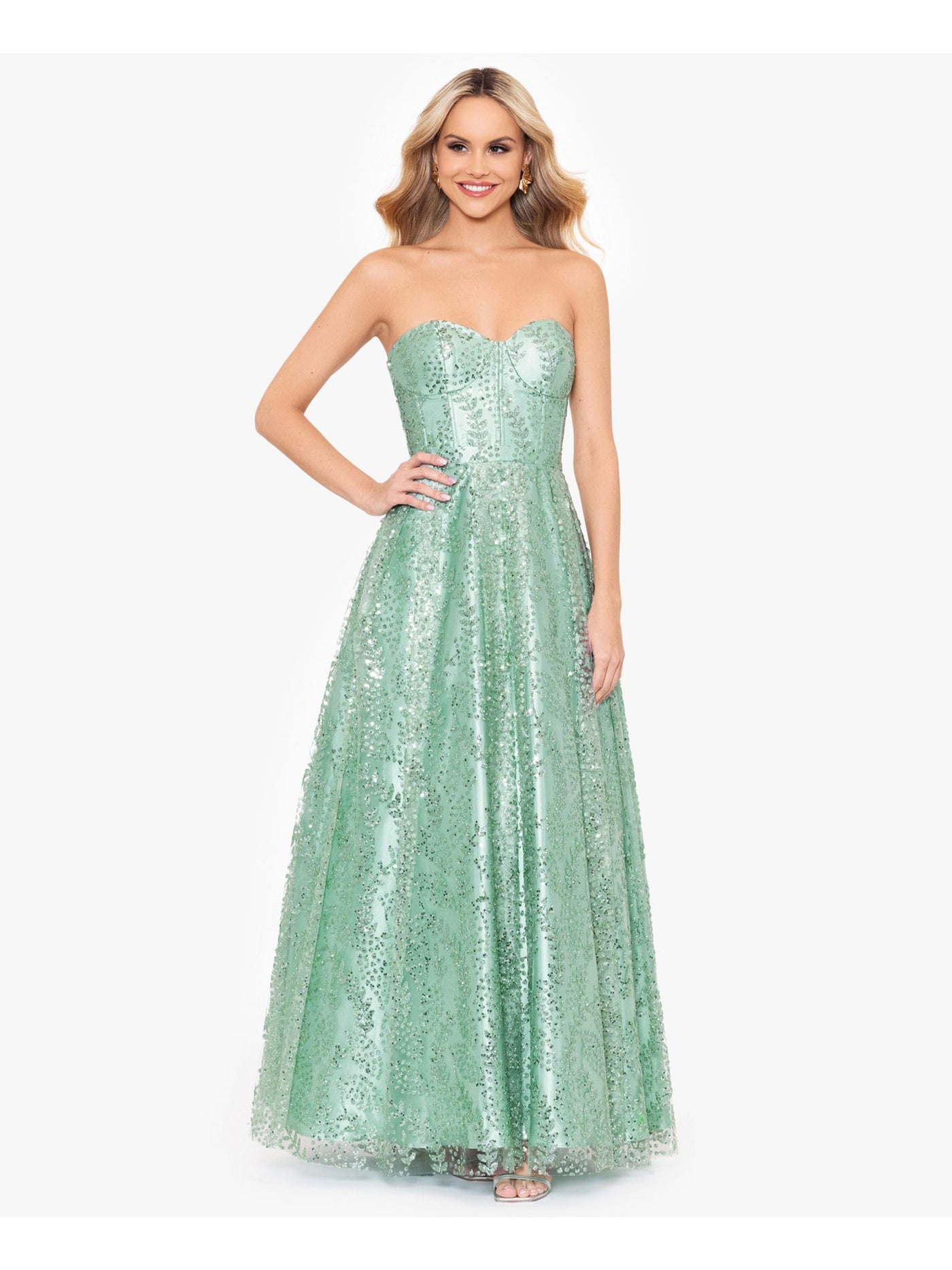 BLONDIE NITES Womens Green Zippered Pocketed Pleated Skirt Lined Boning Padde Sleeveless Sweetheart Neckline Full-Length Formal Gown Dress Juniors 5