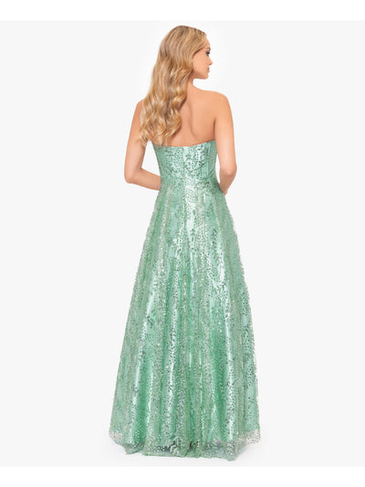 BLONDIE NITES Womens Green Zippered Pocketed Pleated Skirt Lined Boning Padde Sleeveless Sweetheart Neckline Full-Length Formal Gown Dress Juniors 5