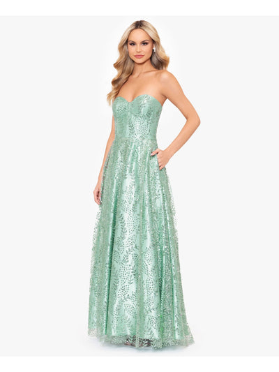 BLONDIE NITES Womens Green Zippered Pocketed Pleated Skirt Lined Boning Padde Sleeveless Sweetheart Neckline Full-Length Formal Gown Dress Juniors 5