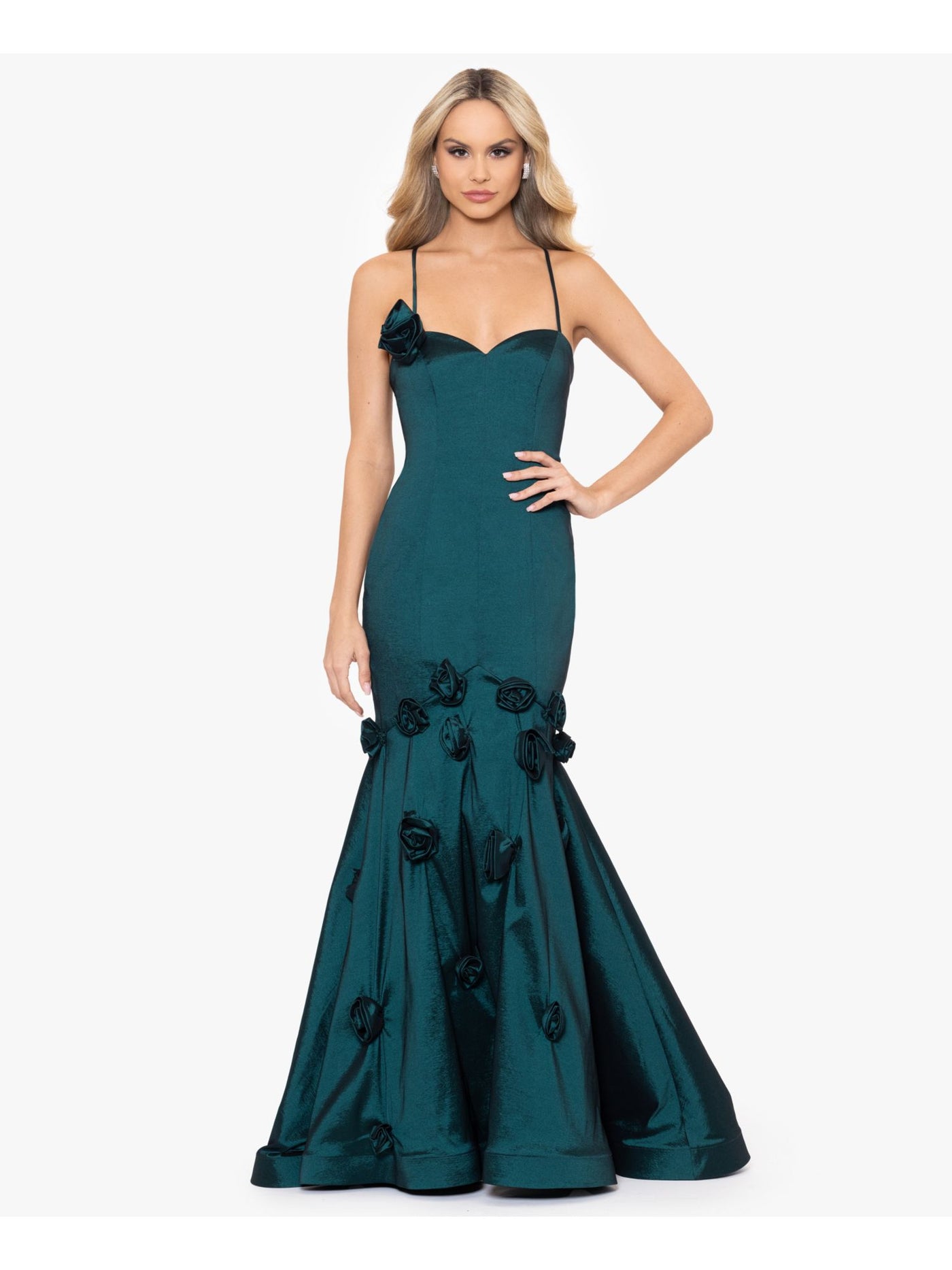 BLONDIE NITES Womens Green Lined Zippered Roset Accents Lace Up Back Spaghetti Strap Sweetheart Neckline Full-Length Formal Fit + Flare Dress Juniors 11
