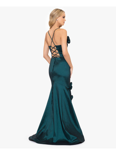 BLONDIE NITES Womens Green Lined Zippered Roset Accents Lace Up Back Spaghetti Strap Sweetheart Neckline Full-Length Formal Fit + Flare Dress Juniors 11