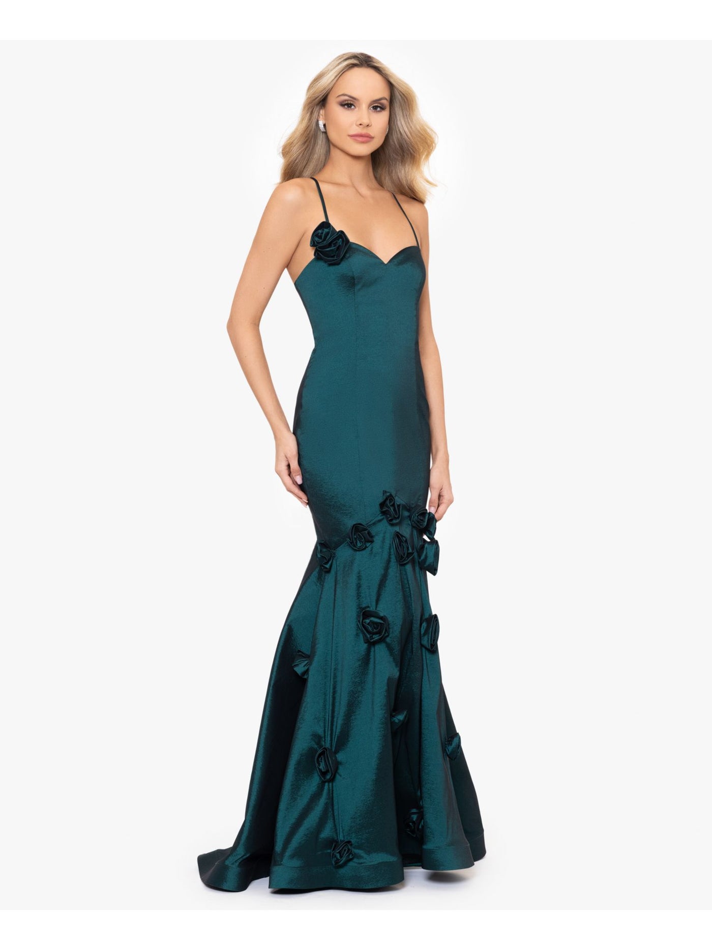 BLONDIE NITES Womens Green Lined Zippered Roset Accents Lace Up Back Spaghetti Strap Sweetheart Neckline Full-Length Formal Fit + Flare Dress Juniors 11