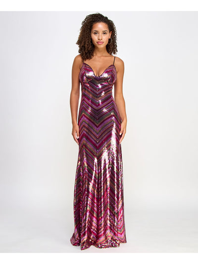 VIOLET WEEKEND Womens Pink Sequined Zippered Lace Up Open Back Lined Chevron Spaghetti Strap Sweetheart Neckline Full-Length Formal Gown Dress Juniors 9\10