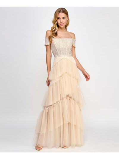 CITY STUDIO Womens Beige Sequined Zippered Boned Bodice Tiered Skirt Short Sleeve Off Shoulder Full-Length Prom Gown Dress Juniors 3\4