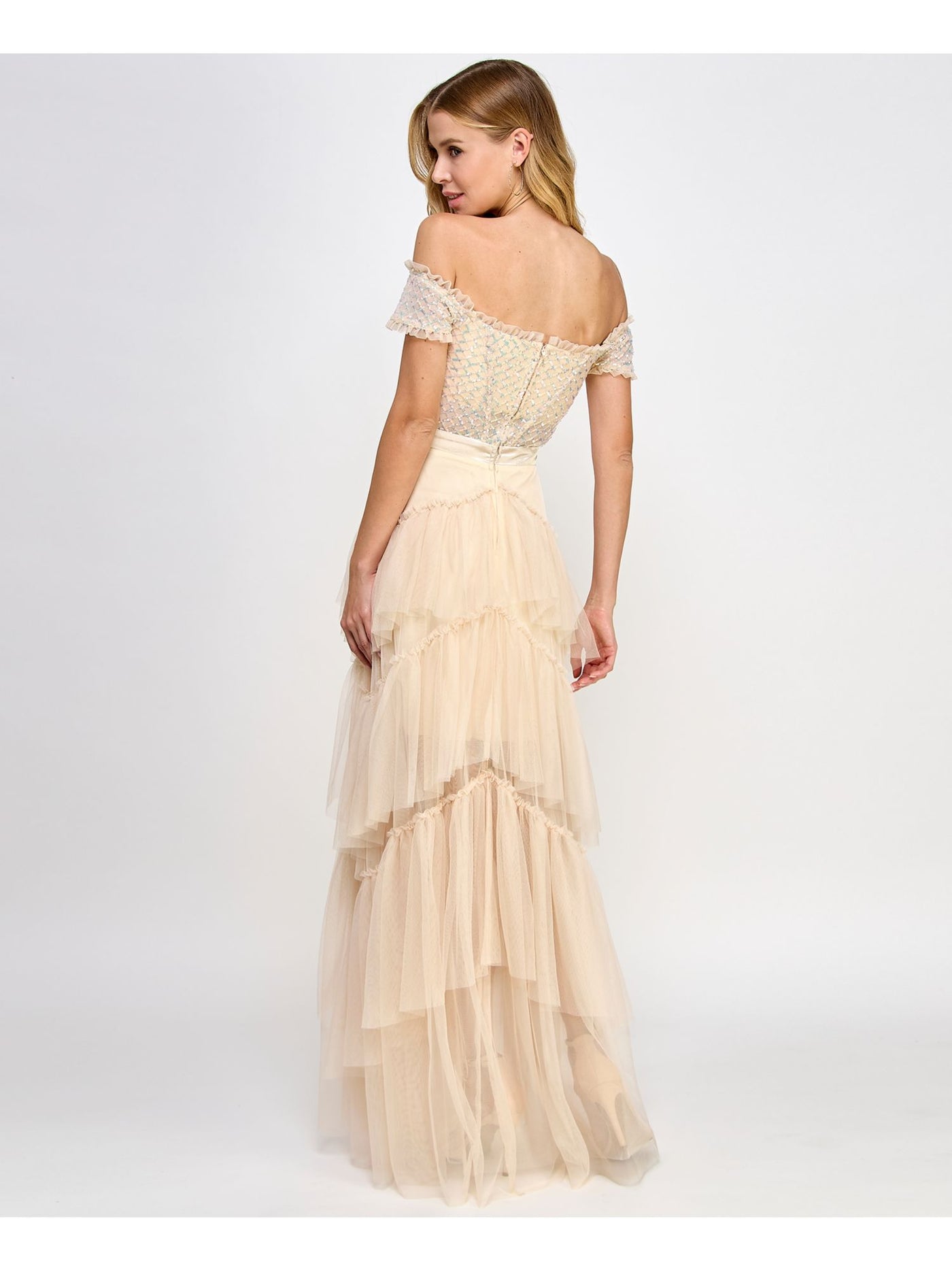 CITY STUDIO Womens Beige Sequined Zippered Boned Bodice Tiered Skirt Short Sleeve Off Shoulder Full-Length Prom Gown Dress Juniors 5\6