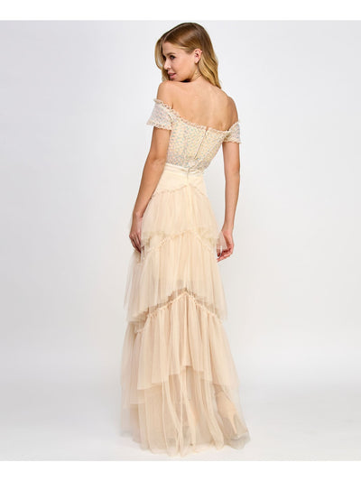 CITY STUDIO Womens Beige Sequined Zippered Boned Bodice Tiered Skirt Short Sleeve Off Shoulder Full-Length Prom Gown Dress Juniors 5\6