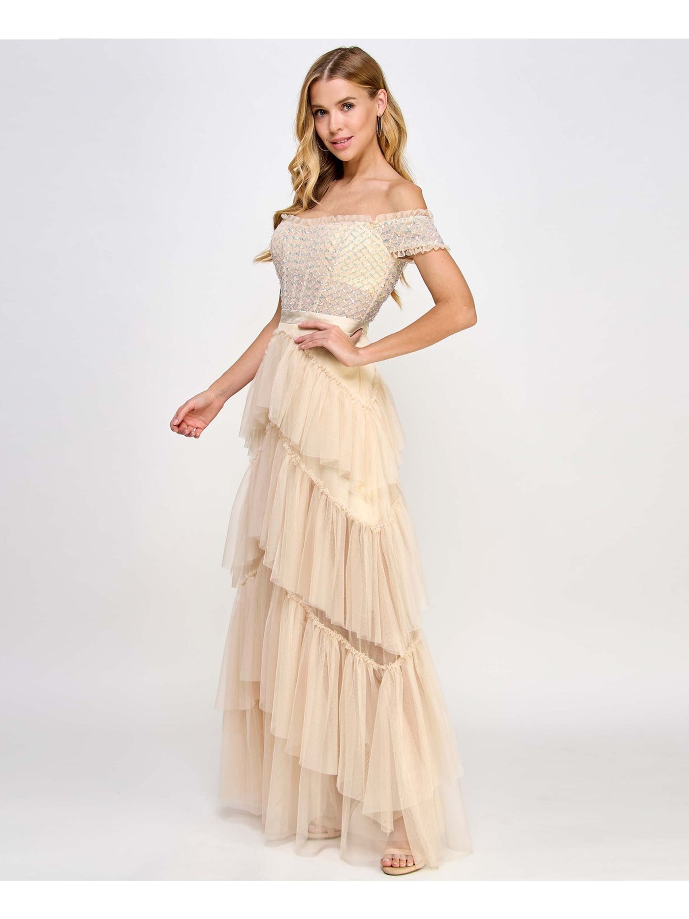 CITY STUDIO Womens Beige Sequined Zippered Boned Bodice Tiered Skirt Short Sleeve Off Shoulder Full-Length Prom Gown Dress Juniors 5\6