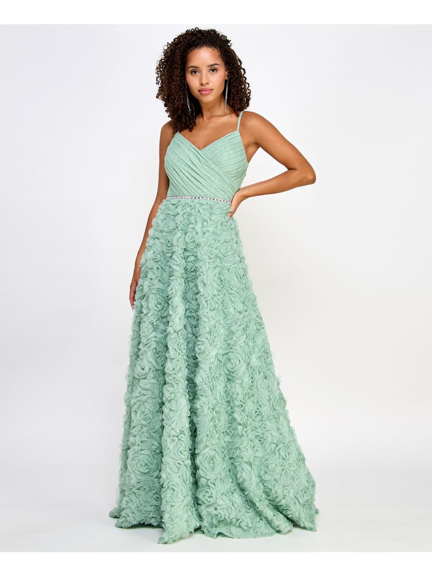 SAY YES TO THE PROM Womens Green Zippered Embellished 3d Rosettes Pleated Lined Mesh A Spaghetti Strap V Neck Full-Length Prom Gown Dress Juniors 15\16