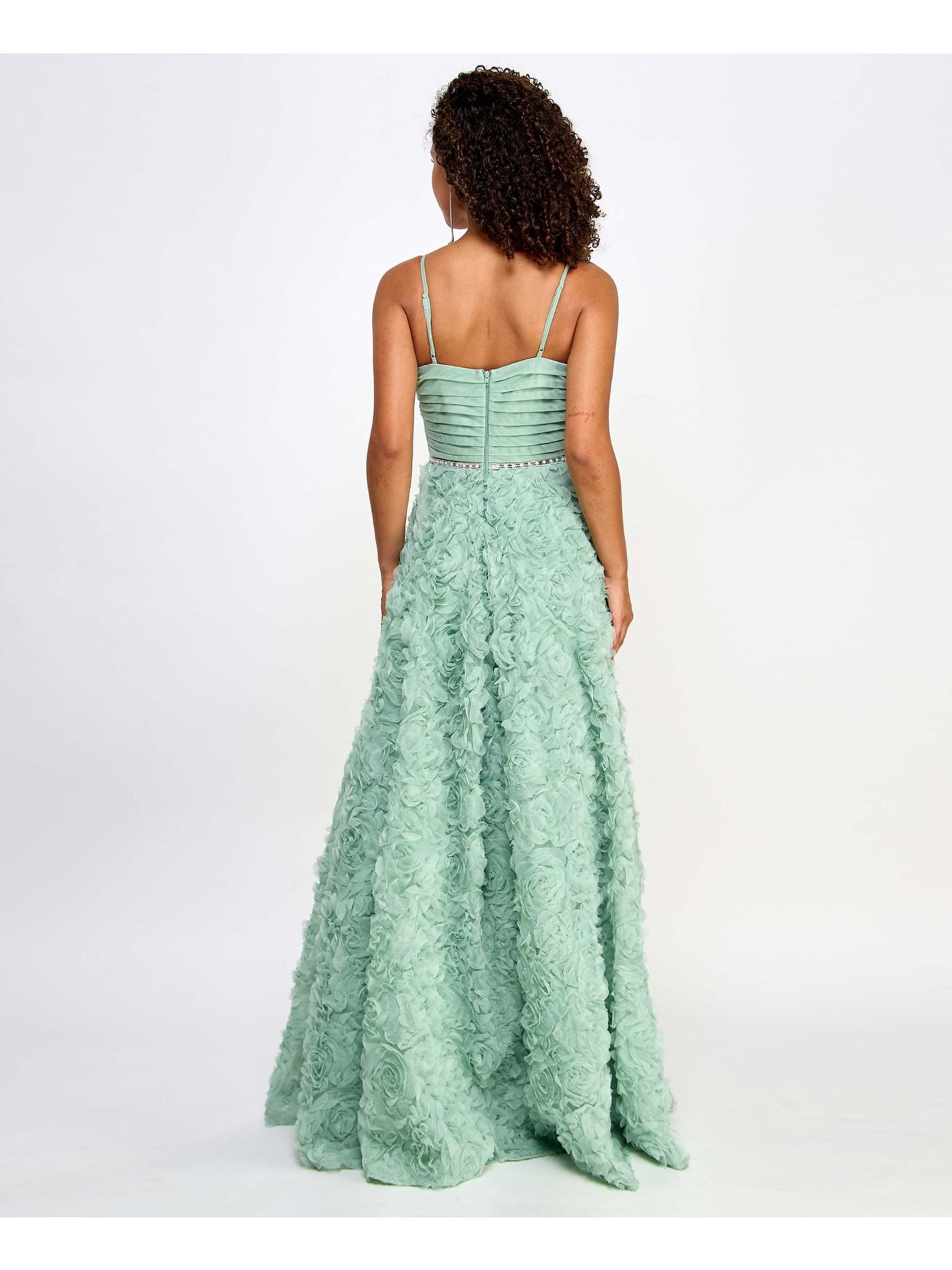 SAY YES TO THE PROM Womens Green Zippered Embellished 3d Rosettes Pleated Lined Mesh A Spaghetti Strap V Neck Full-Length Prom Gown Dress Juniors 15\16