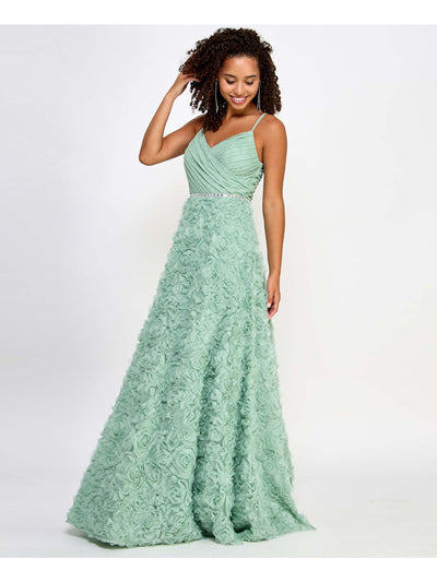 SAY YES TO THE PROM Womens Green Zippered Embellished 3d Rosettes Pleated Lined Mesh A Spaghetti Strap V Neck Full-Length Prom Gown Dress Juniors 5\6