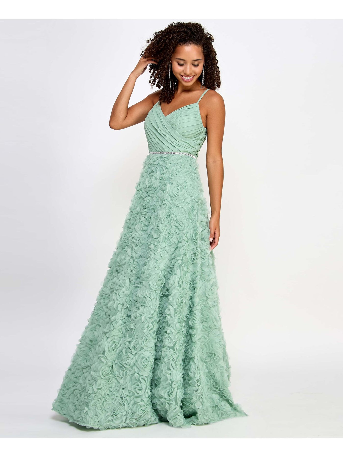 SAY YES TO THE PROM Womens Green Zippered Embellished 3d Rosettes Pleated Lined Mesh A Spaghetti Strap V Neck Full-Length Prom Gown Dress Juniors 9\10