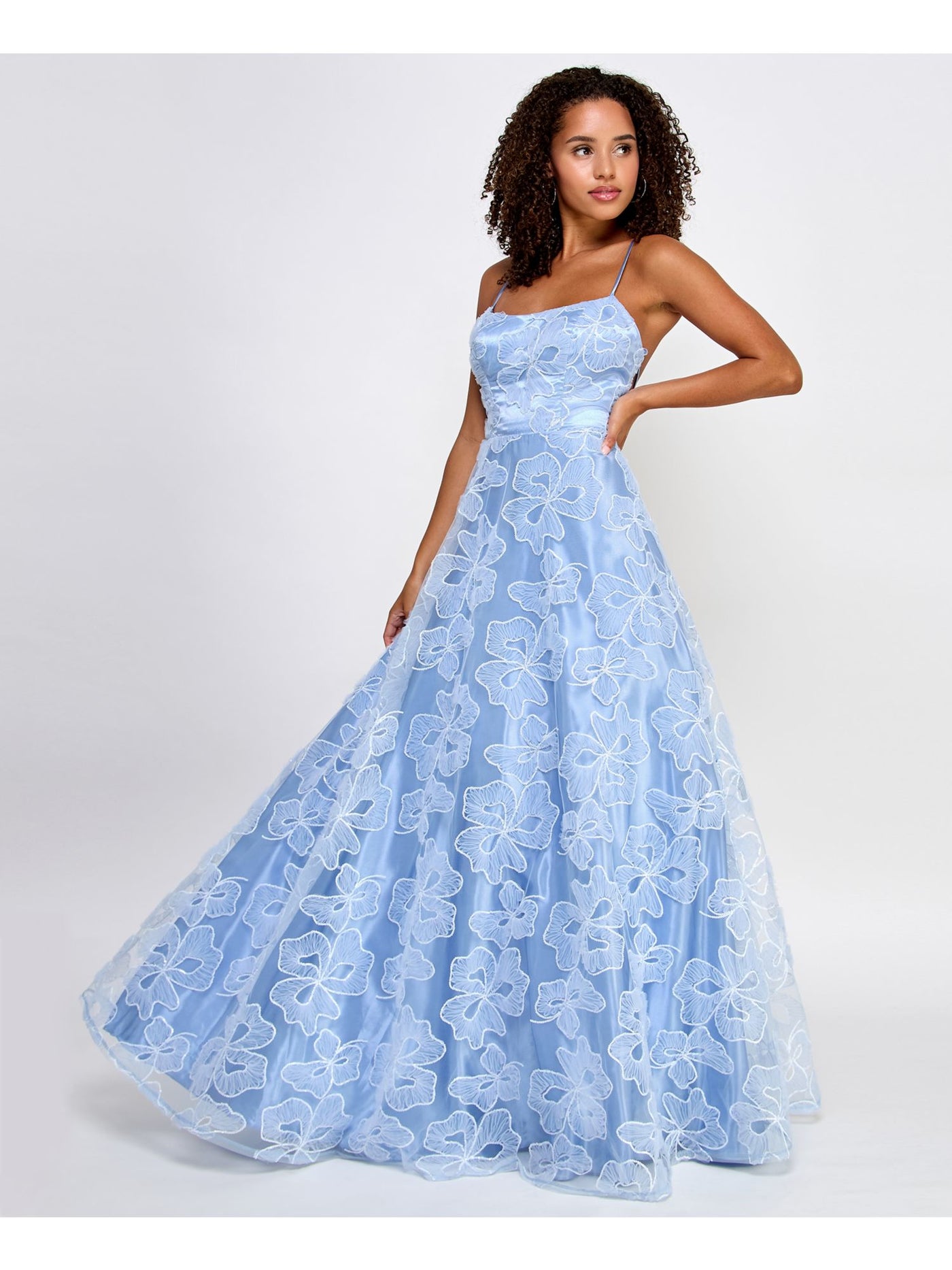 SAY YES TO THE PROM Womens Light Blue Sequined Zippered Lace Up Back Mesh Ruffle Accents Spaghetti Strap Scoop Neck Full-Length Prom Gown Dress Juniors 7\8