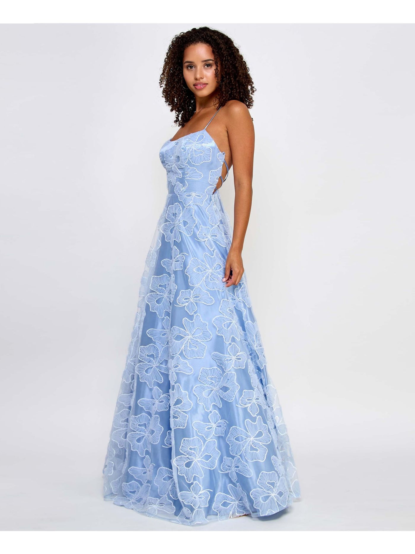 SAY YES TO THE PROM Womens Light Blue Sequined Zippered Lace Up Back Mesh Ruffle Accents Spaghetti Strap Scoop Neck Full-Length Prom Gown Dress Juniors 7\8