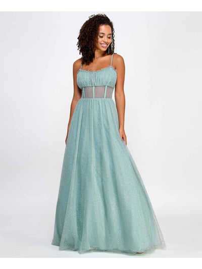 SAY YES TO THE PROM Womens Green Rhinestone Ruffled Soft Cup Zippered Lined Caged Gl Spaghetti Strap Sweetheart Neckline Full-Length Formal Fit + Flare Dress Juniors 11\12