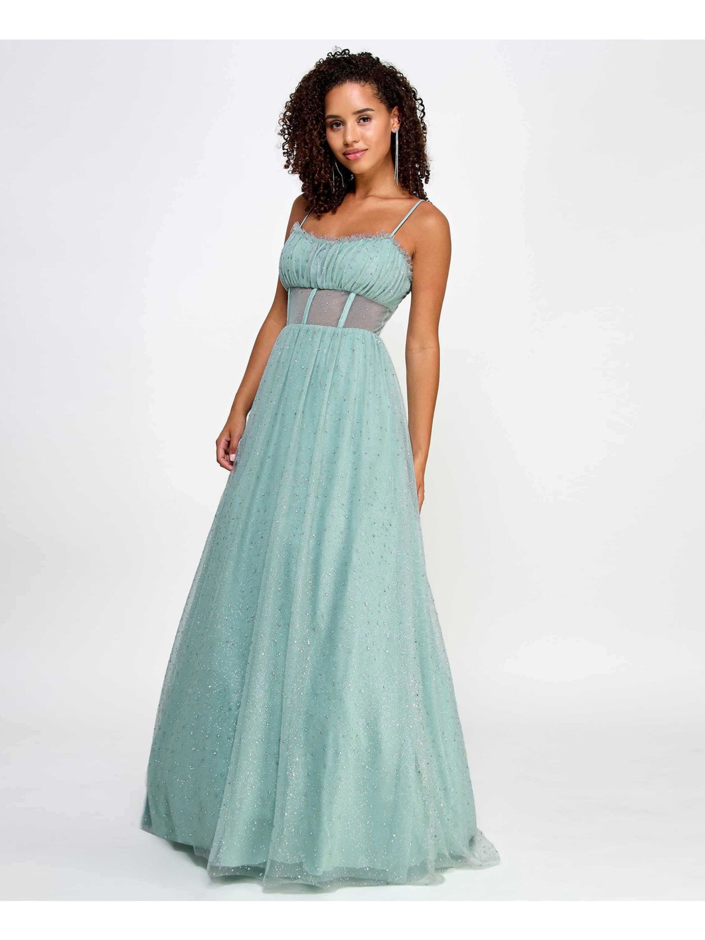 SAY YES TO THE PROM Womens Green Rhinestone Ruffled Soft Cup Zippered Lined Caged Gl Spaghetti Strap Sweetheart Neckline Full-Length Formal Fit + Flare Dress 0