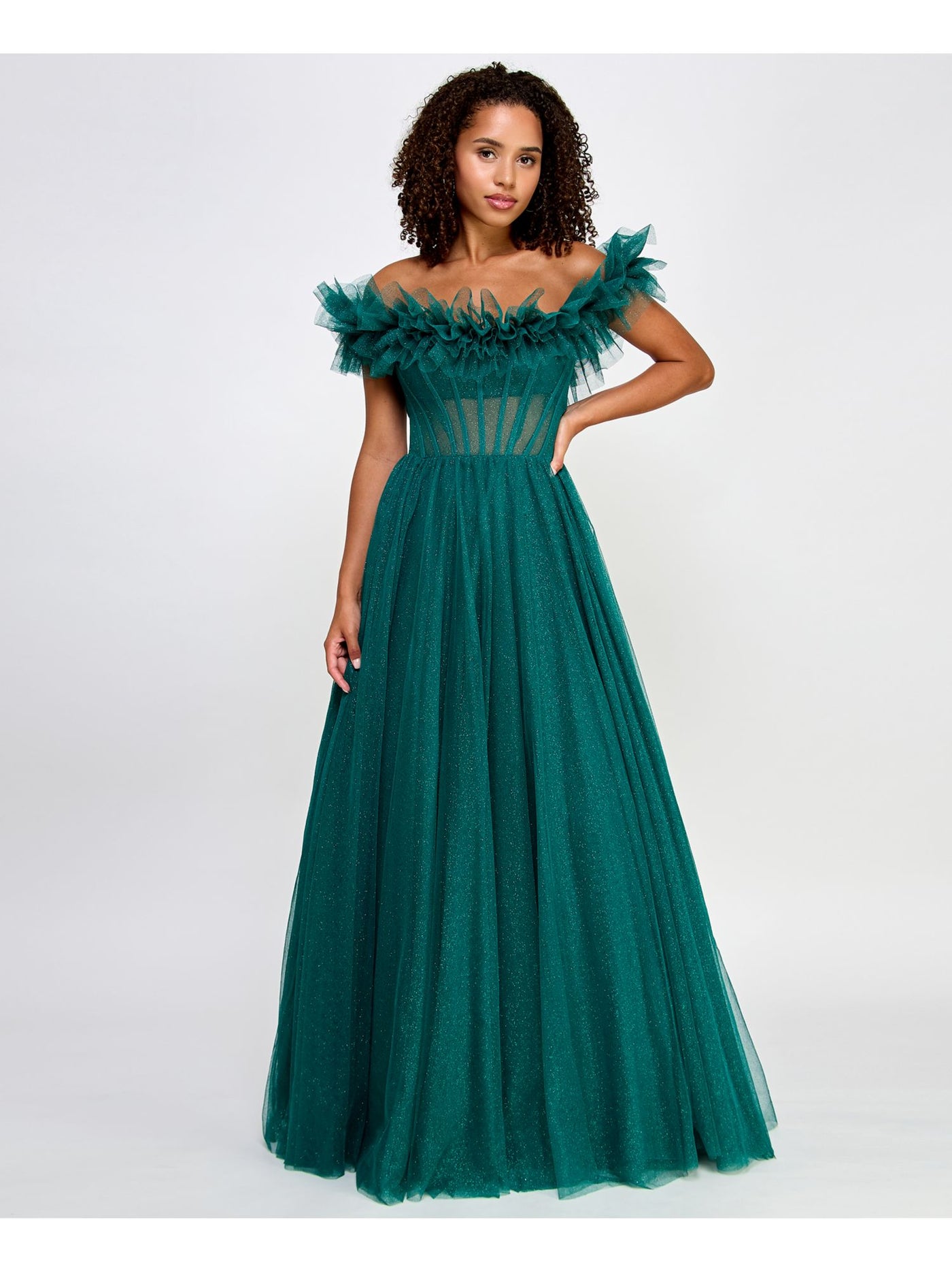 SAY YES TO THE PROM Womens Green Ruffled Zippered Sheer Boned Bodice Cap Sleeve Off Shoulder Full-Length Prom Gown Dress Juniors 1\2