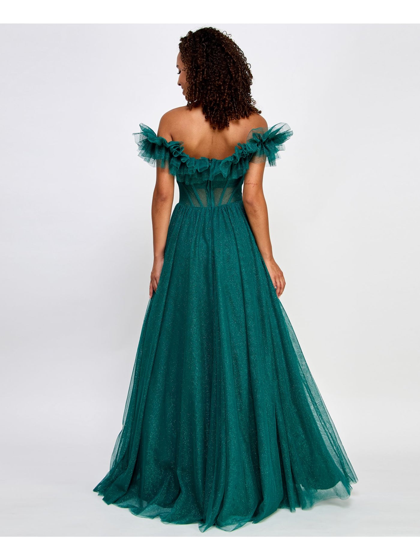 SAY YES TO THE PROM Womens Green Ruffled Zippered Sheer Boned Bodice Cap Sleeve Off Shoulder Full-Length Prom Gown Dress Juniors 9\10