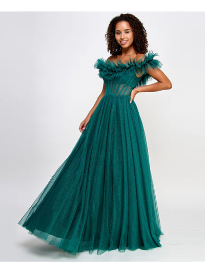 SAY YES TO THE PROM Womens Green Ruffled Zippered Sheer Boned Bodice Cap Sleeve Off Shoulder Full-Length Prom Gown Dress Juniors 1\2