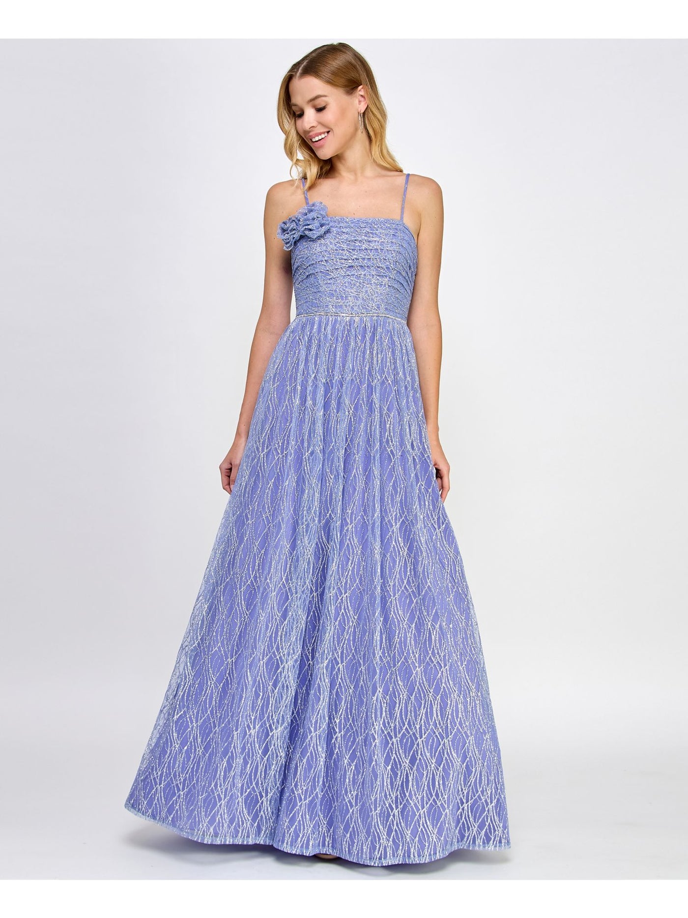 CITY STUDIO Womens Purple Zippered Adjustable Embellished Waist Glitter Mesh L Sleeveless Square Neck Full-Length Prom Fit + Flare Dress Juniors 9\10