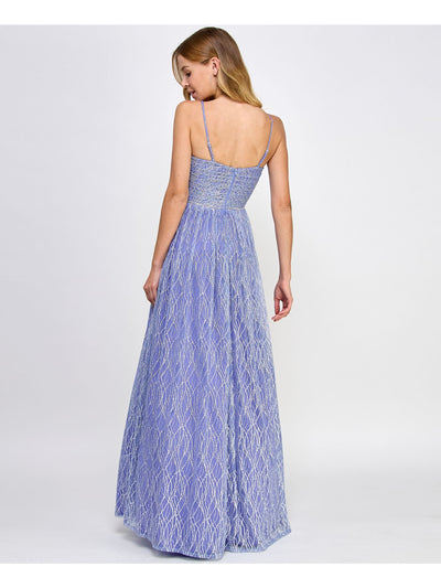 CITY STUDIO Womens Purple Zippered Adjustable Embellished Waist Glitter Mesh L Sleeveless Square Neck Full-Length Prom Fit + Flare Dress Juniors 9\10