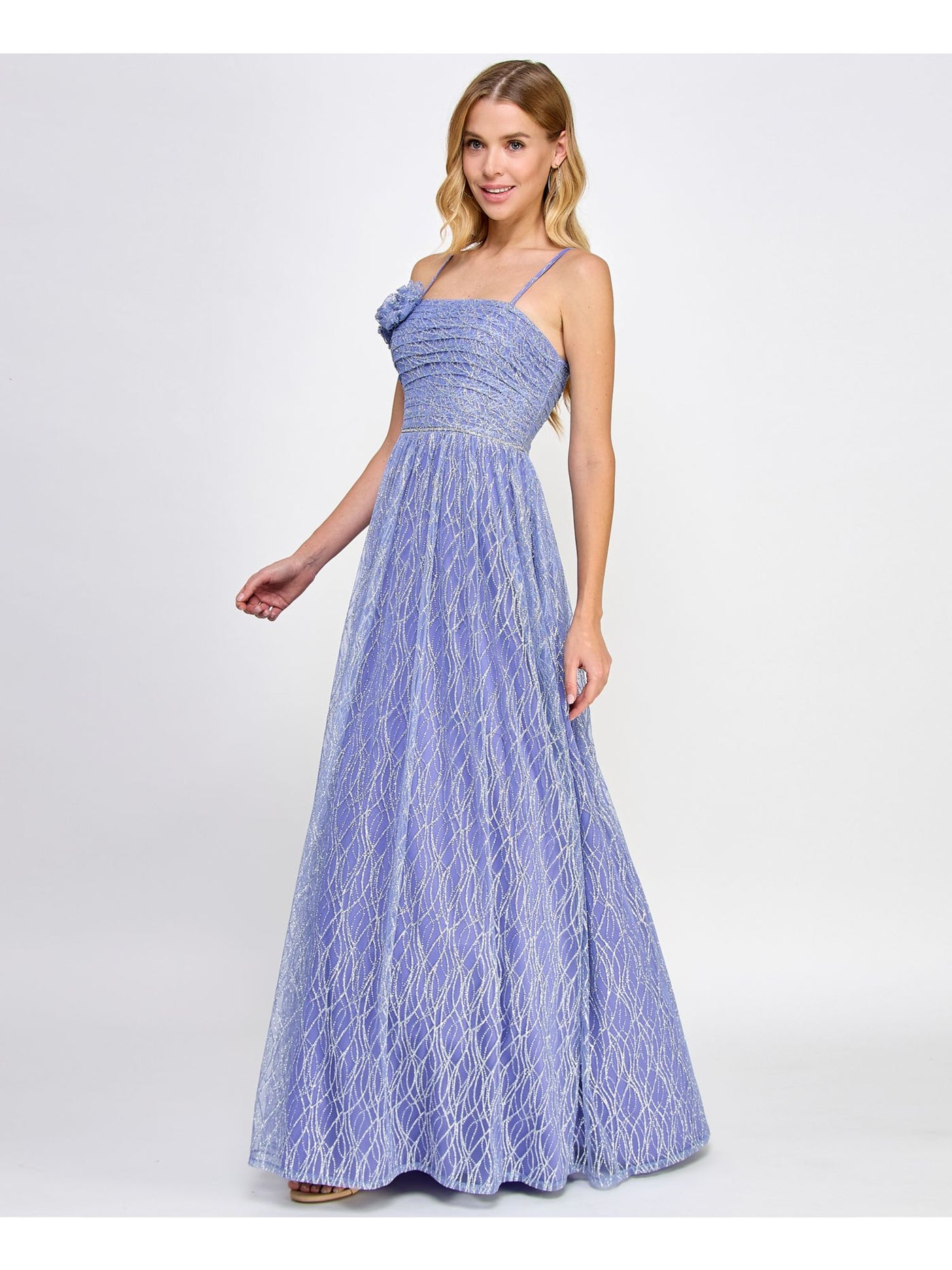 CITY STUDIO Womens Purple Zippered Adjustable Embellished Waist Glitter Mesh L Sleeveless Square Neck Full-Length Prom Fit + Flare Dress Juniors 9\10
