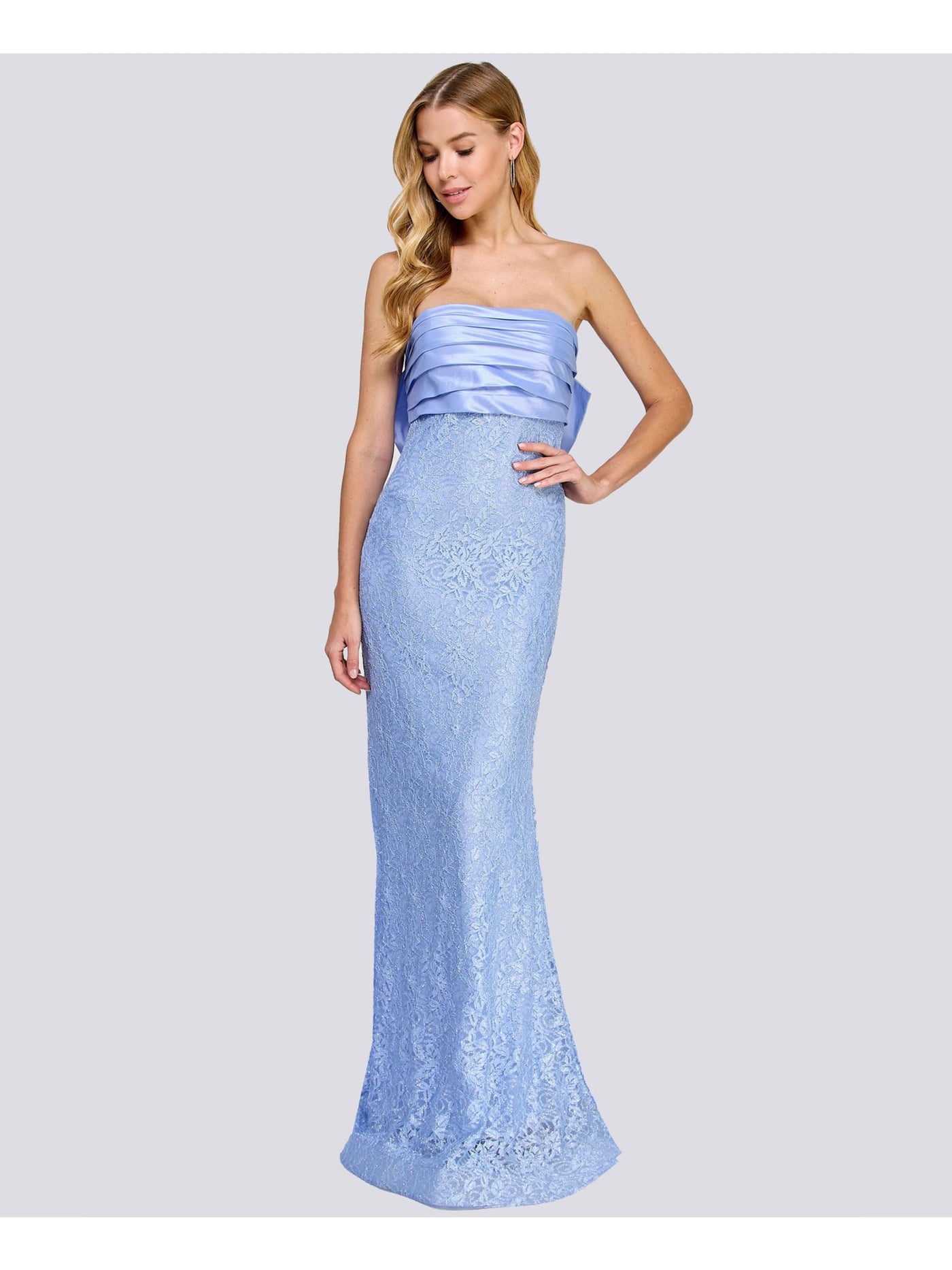 CITY STUDIO Womens Light Blue Lined Lace Glitter Zippered Bow Accent Plea Sleeveless Strapless Full-Length Formal Gown Dress Juniors 1\2