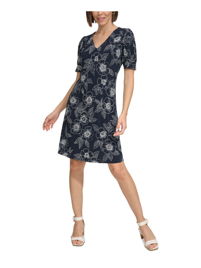 TOMMY HILFIGER Womens Navy Unlined Pullover Style Floral Pouf Sleeve V Neck Above The Knee Party Fit + Flare Dress 16