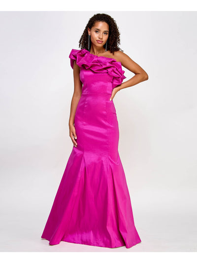 CITY STUDIO Womens Pink Zippered Lined Tulle Single Ruffle Sleeve Asymmetrical Neckline Full-Length Formal Mermaid Dress Juniors 3\4