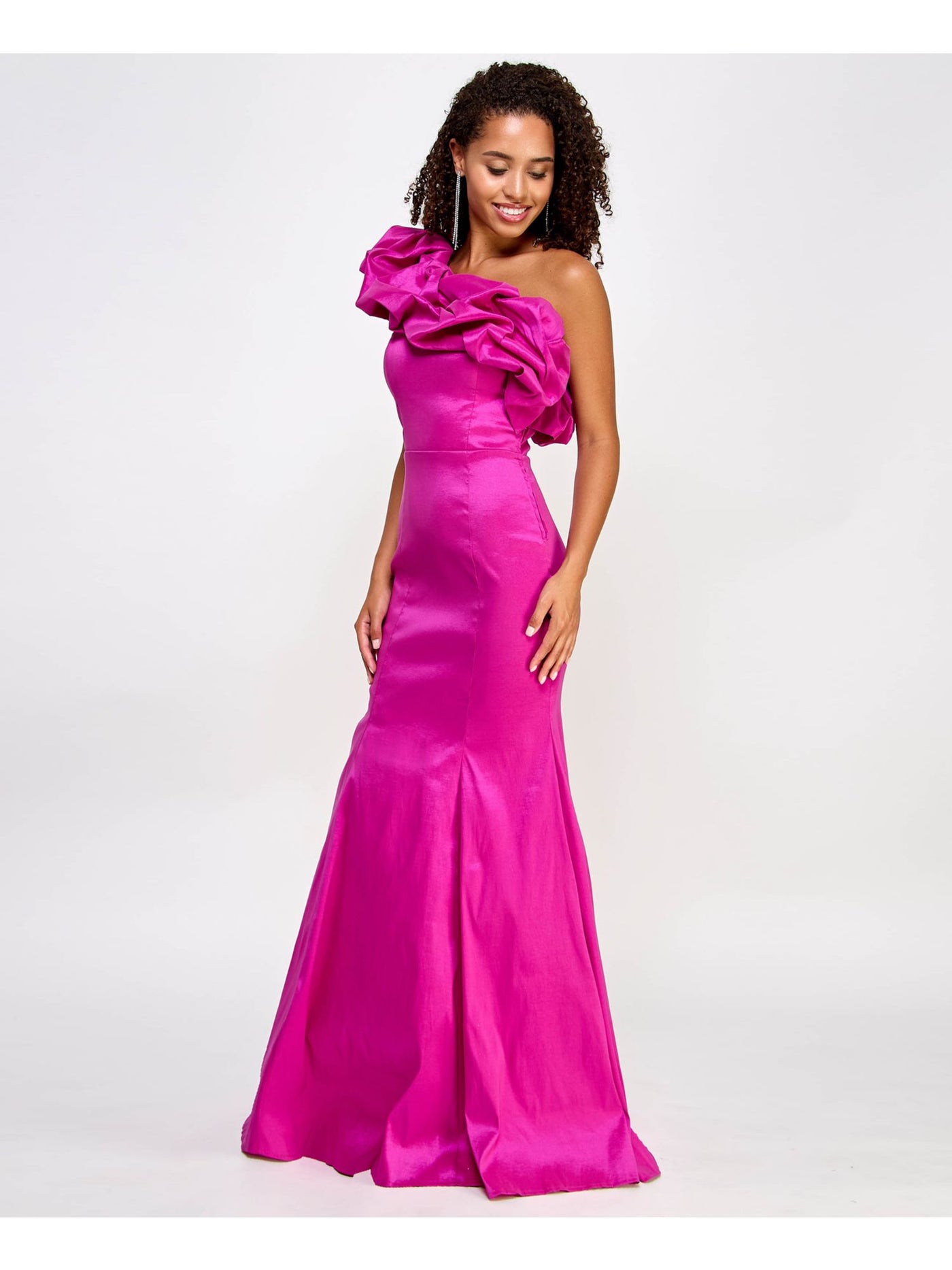 CITY STUDIO Womens Pink Zippered Lined Tulle Single Ruffle Sleeve Asymmetrical Neckline Full-Length Formal Mermaid Dress Juniors 13\14