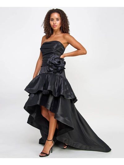 CITY STUDIO Womens Black Pleated Zippered Rosette Waist Ruffled Hi-lo Hem Sleeveless Strapless Full-Length Prom Gown Dress Juniors 0